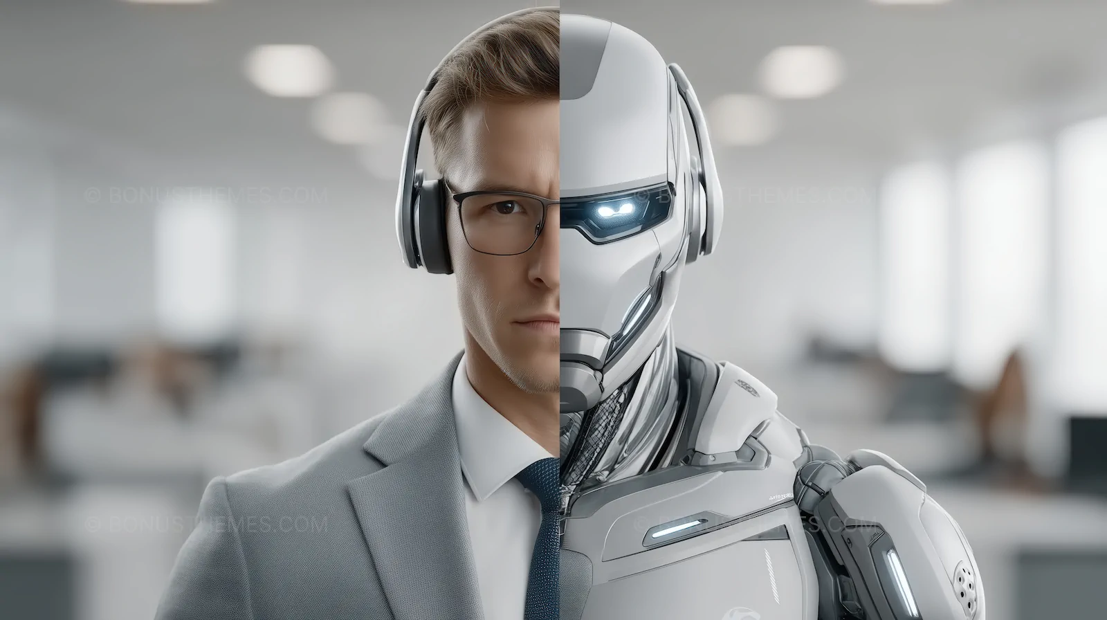 Split Screen Human vs AI Robot in Business Context - AI Generated Image