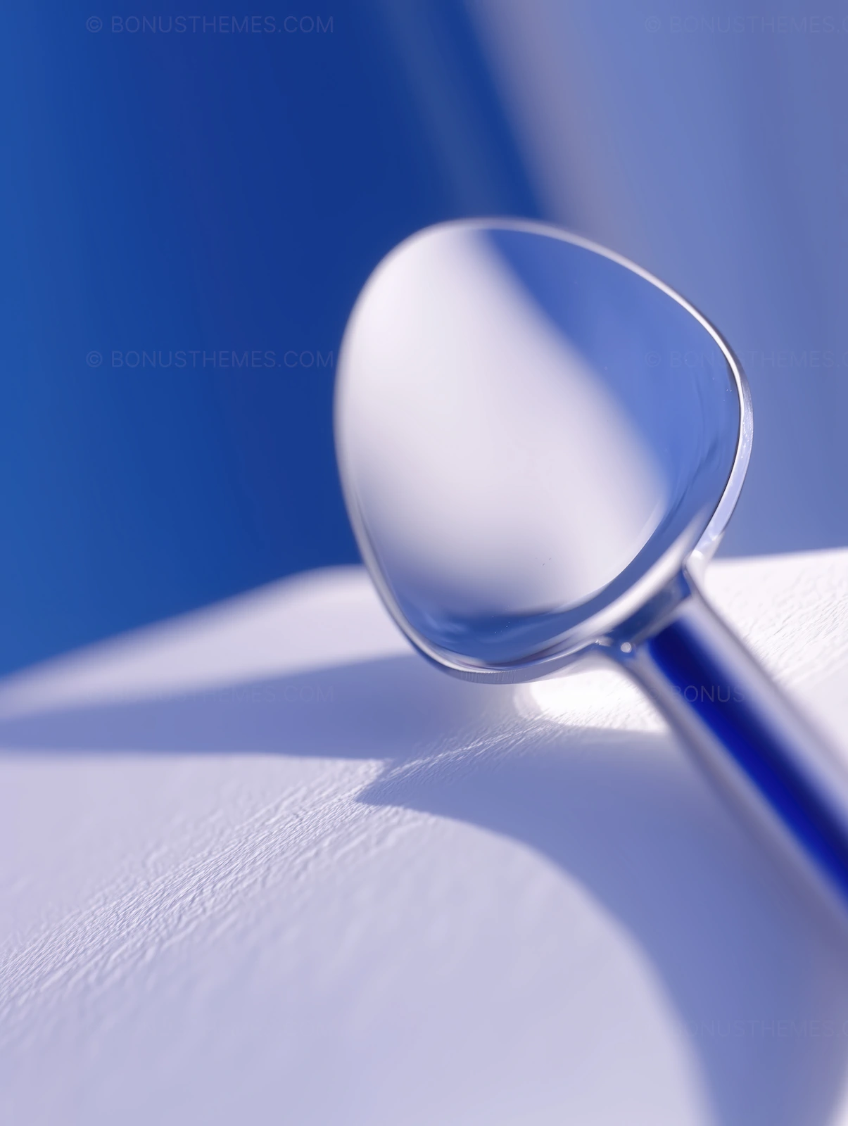 Spoon Reflected on Blue and White Surfaces | Minimalist AI Image