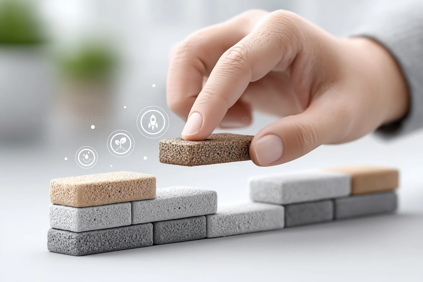 Hand Placing the Final Block in a 3D Growth Strategy | Professional AI Generated Success Concept Illustration