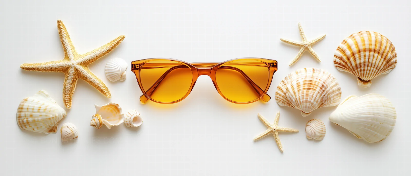 Summer Beach Accessories | Orange Sunglasses and Seashells AI Generated Still Life
