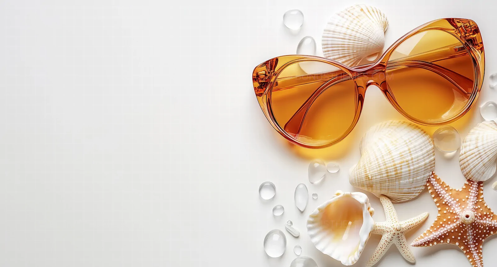 Summer Beach Flat Lay | Amber Sunglasses with Seashells and Starfish AI Generated Background