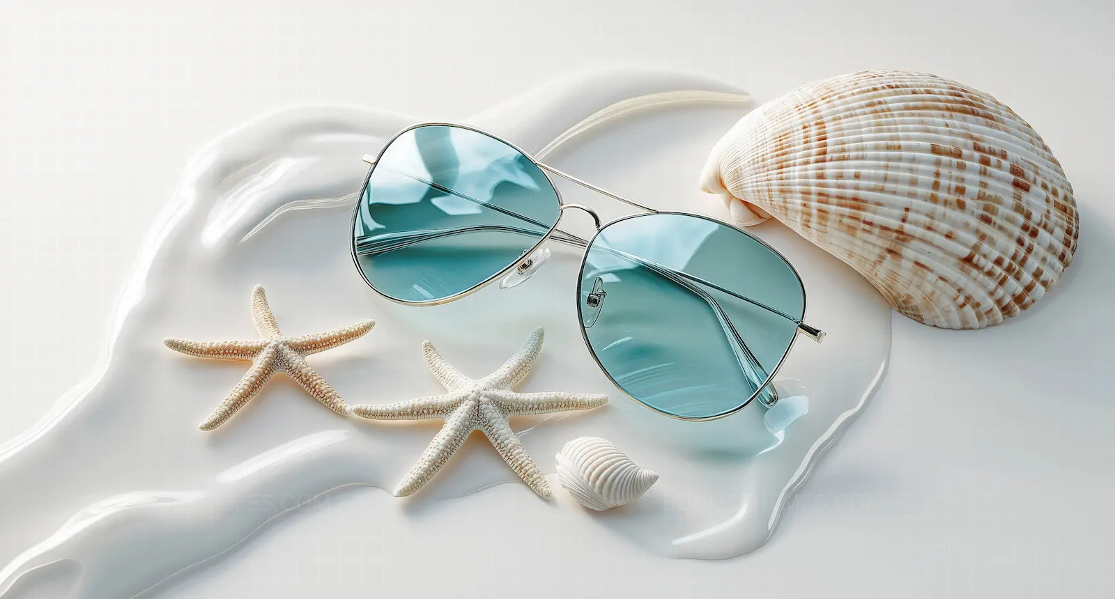 Summer Beach Flat Lay with Aviator Sunglasses, Starfish & Shells | AI Image