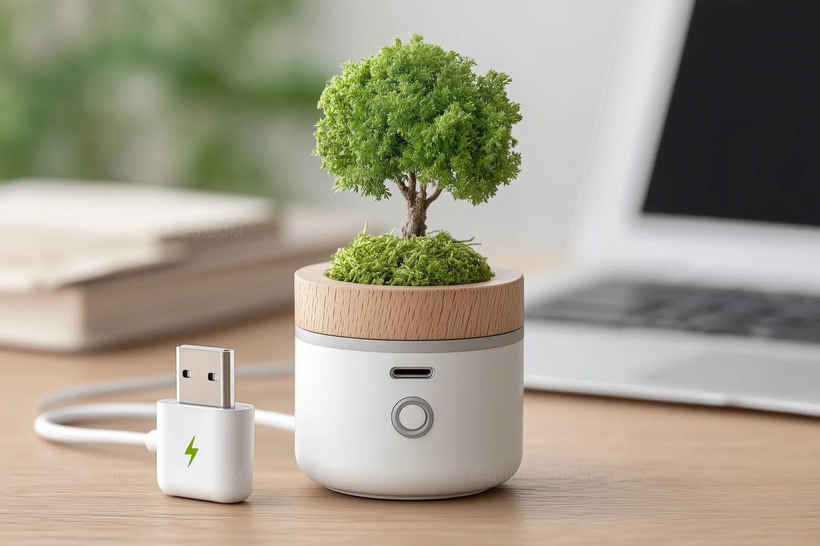 Miniature Tree Growing from a Smart USB Hub | Creative AI Generated Eco-Friendly Office Technology Concept