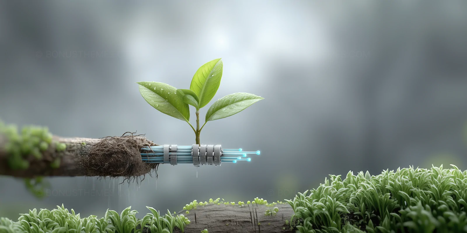 Fiber Optic Cables Growing into a Green Plant | Innovative AI Generated Sustainable Technology Illustration