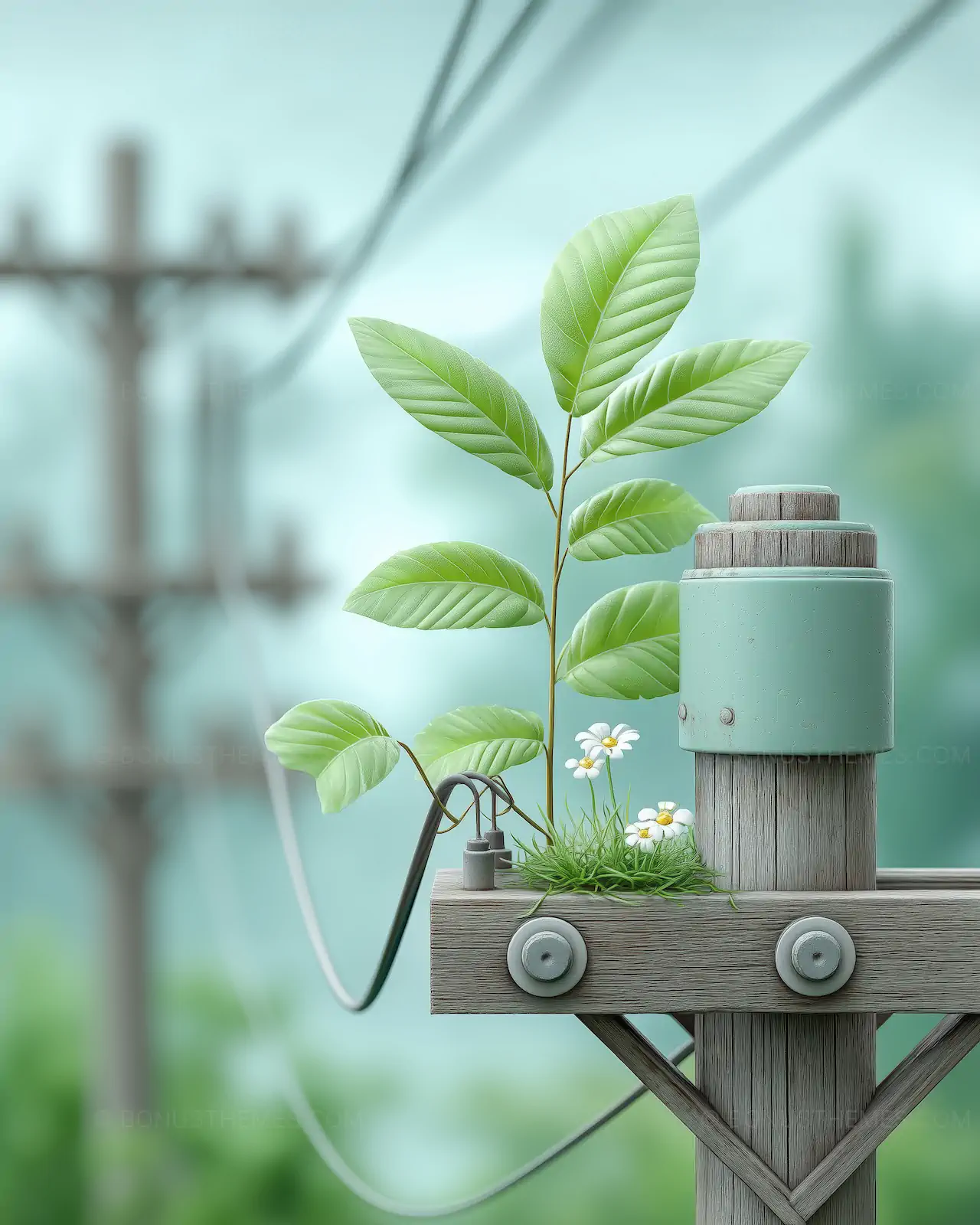 Lush Green Plant Growing from a Wooden Utility Pole | Innovative AI Generated Sustainable Power Concept