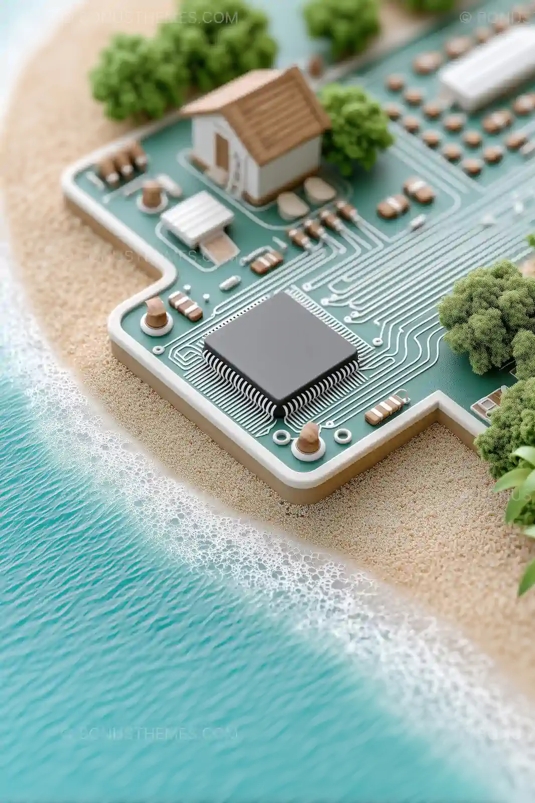 Tech Island Concept - Computer Chip on Beach & Remote Living | AI Image
