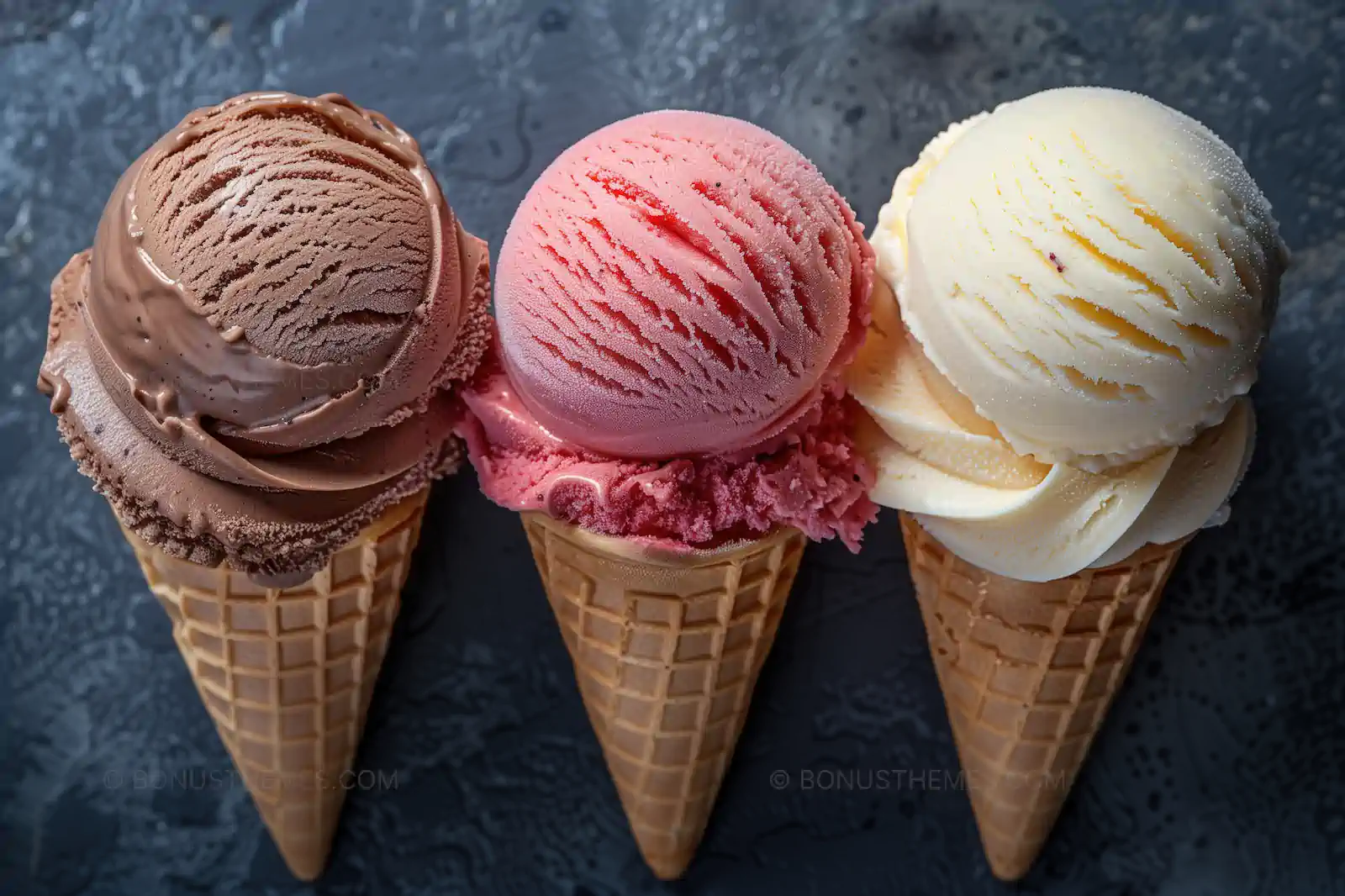 Three Ice Cream Cones with Chocolate and Strawberry Flavors | AI Image