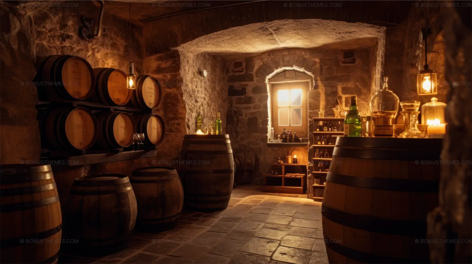 Traditional Wooden Wine Barrels in Rustic Stone Cellar | Authentic AI Generated Winery Scene