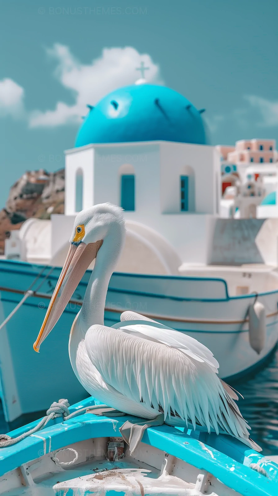 Tranquil Coastal Charm of Santorini | Serene AI Generated Pelican with Sea View