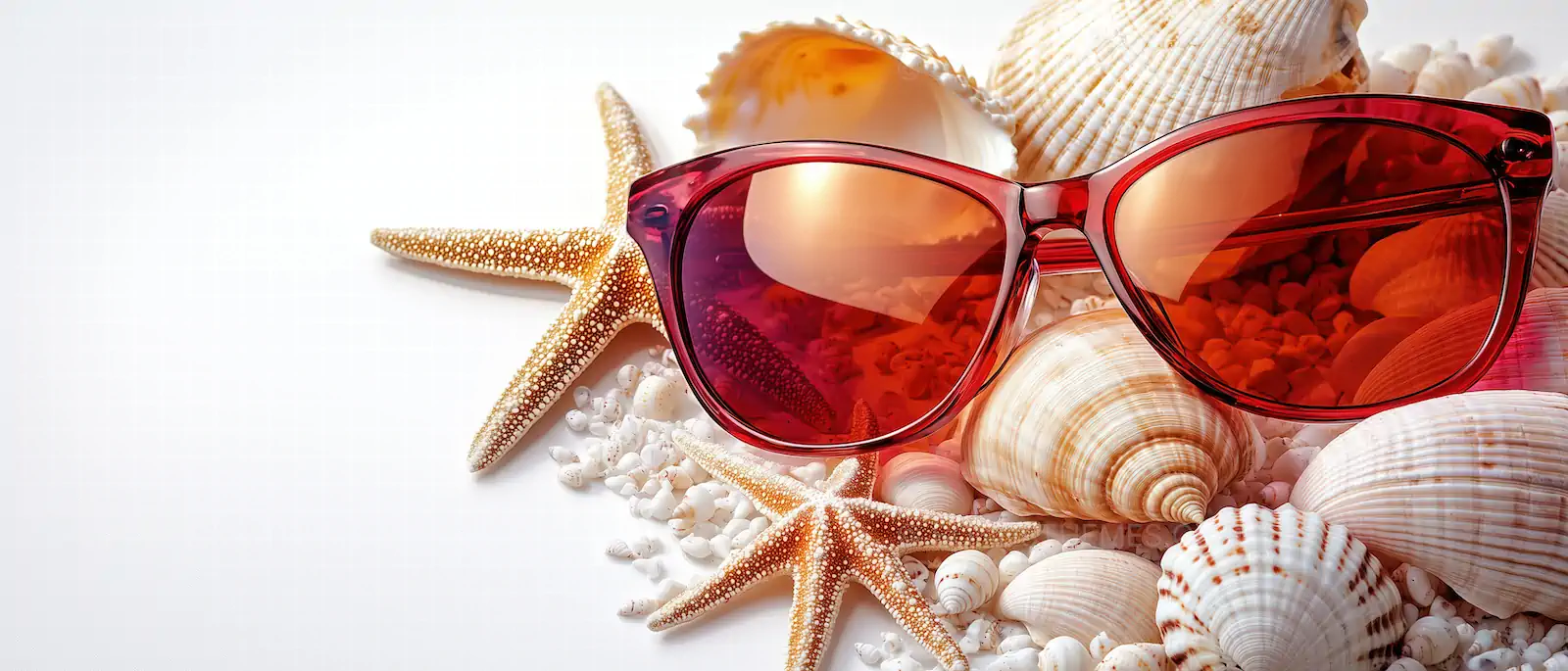 Tropical Crimson Sunglasses | Vibrant Red Eyewear with Starfish and Seashells AI Generated Background