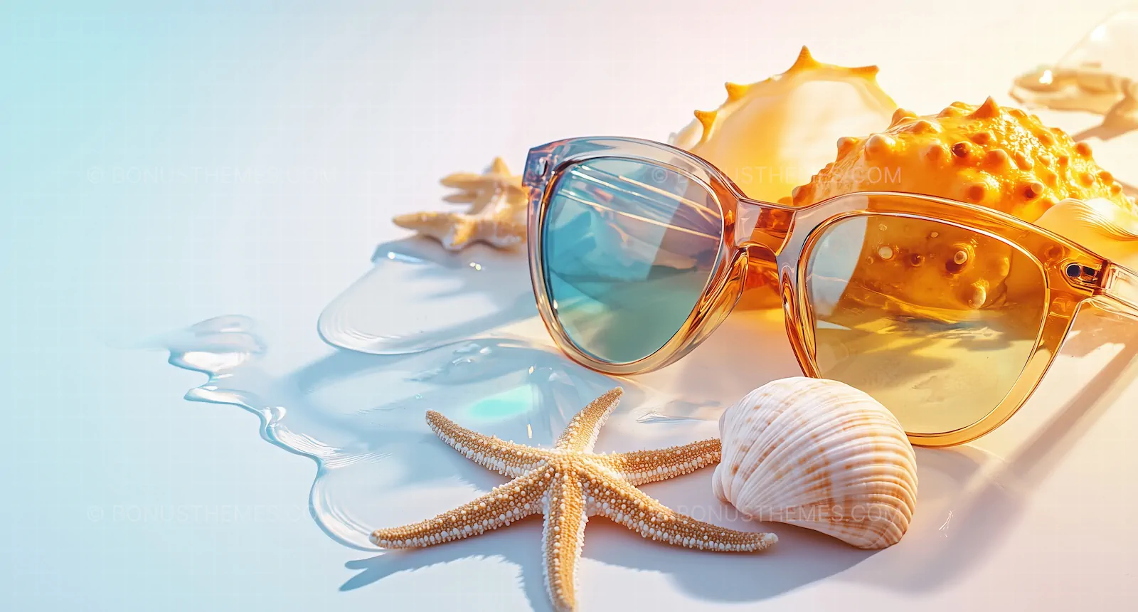 Tropical Glow Sunglasses Mockup | Stylish Amber Eyewear with Starfish and Seashells AI Generated Image