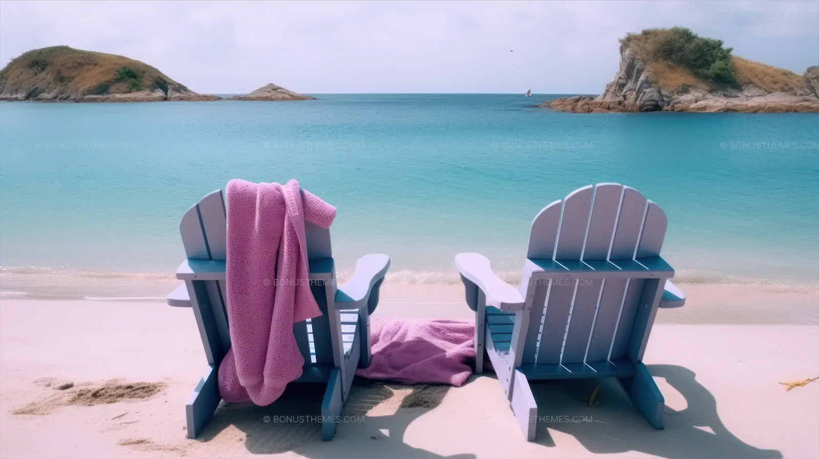 Two Beach Chairs with Pink Blanket Facing the Ocean | Relaxing AI Generated Seaside Image