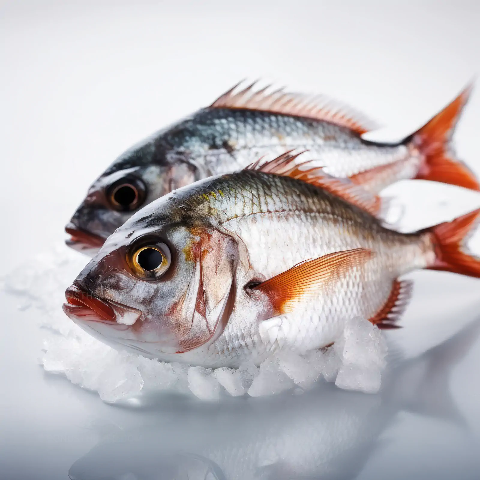 Two Fresh Fish on Ice with Red Fins | Professional AI Generated Seafood Market Image