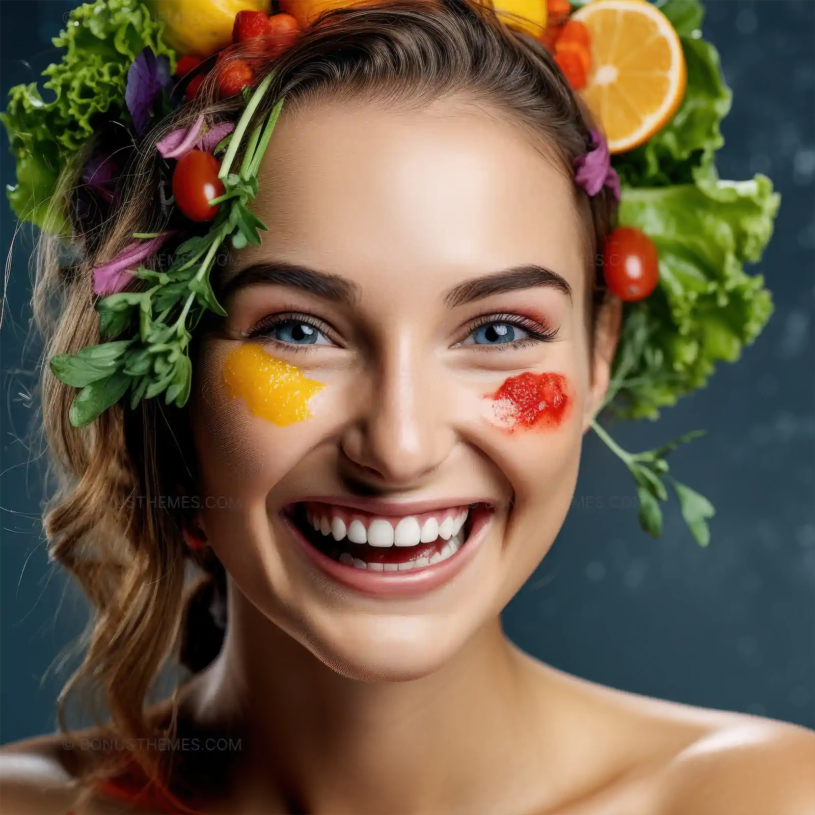 Vegan Woman Surrounded by Fresh Vegetables and Fruits | Vibrant AI Generated Healthy Lifestyle Concept