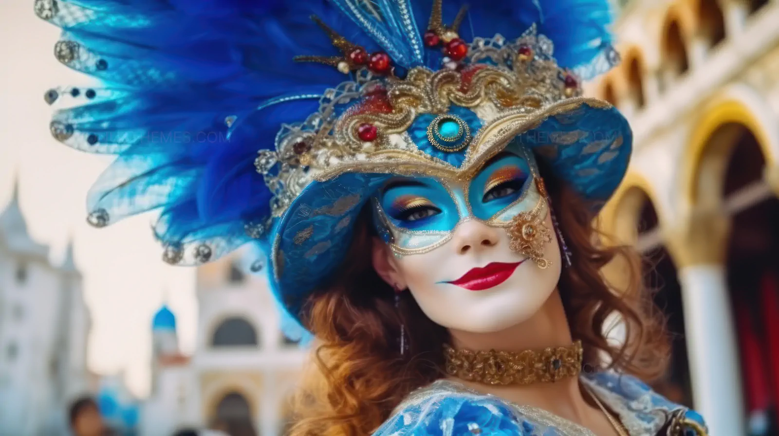 Venetian Carnival Masquerade | Elegant Woman in Blue Mask AI Image