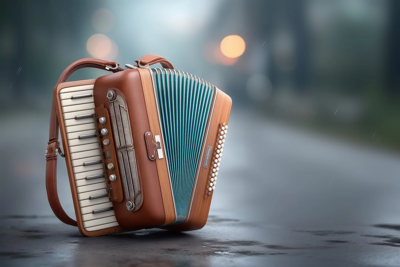 Vintage Leather Accordion with Teal Bellows on Rainy Street | AI Musical Instrument Art
