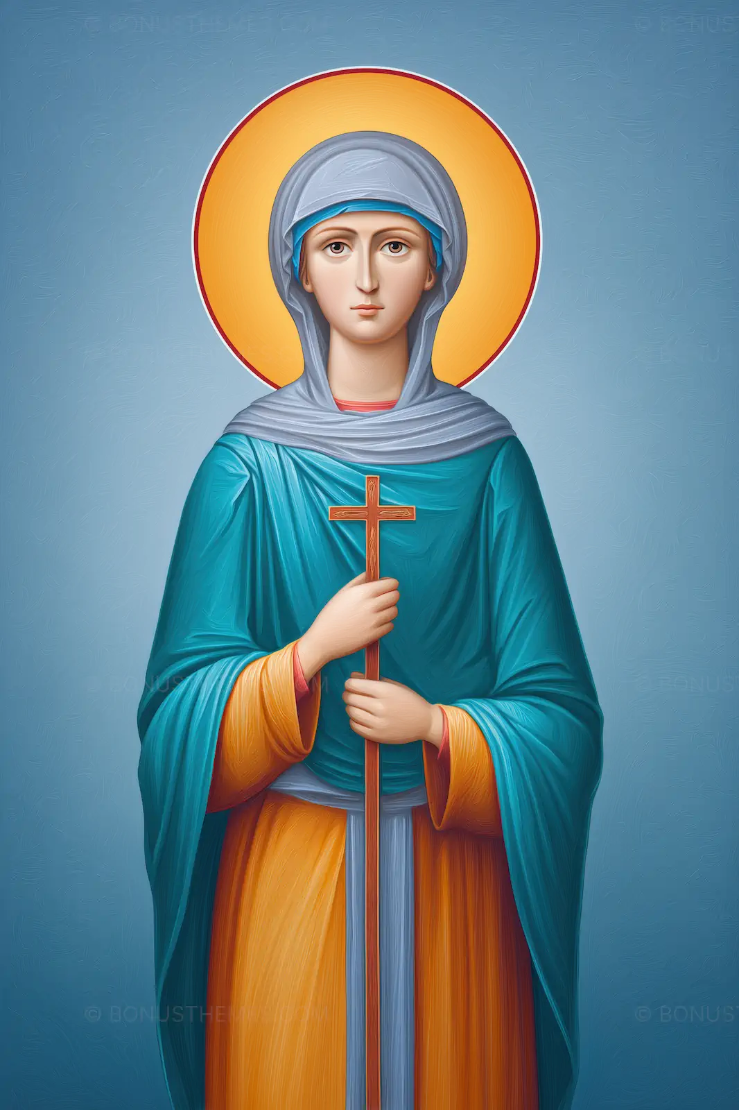 Virgin Mary with Cross - Blue and Orange Robe | AI Generated Icon-Style Devotional Image