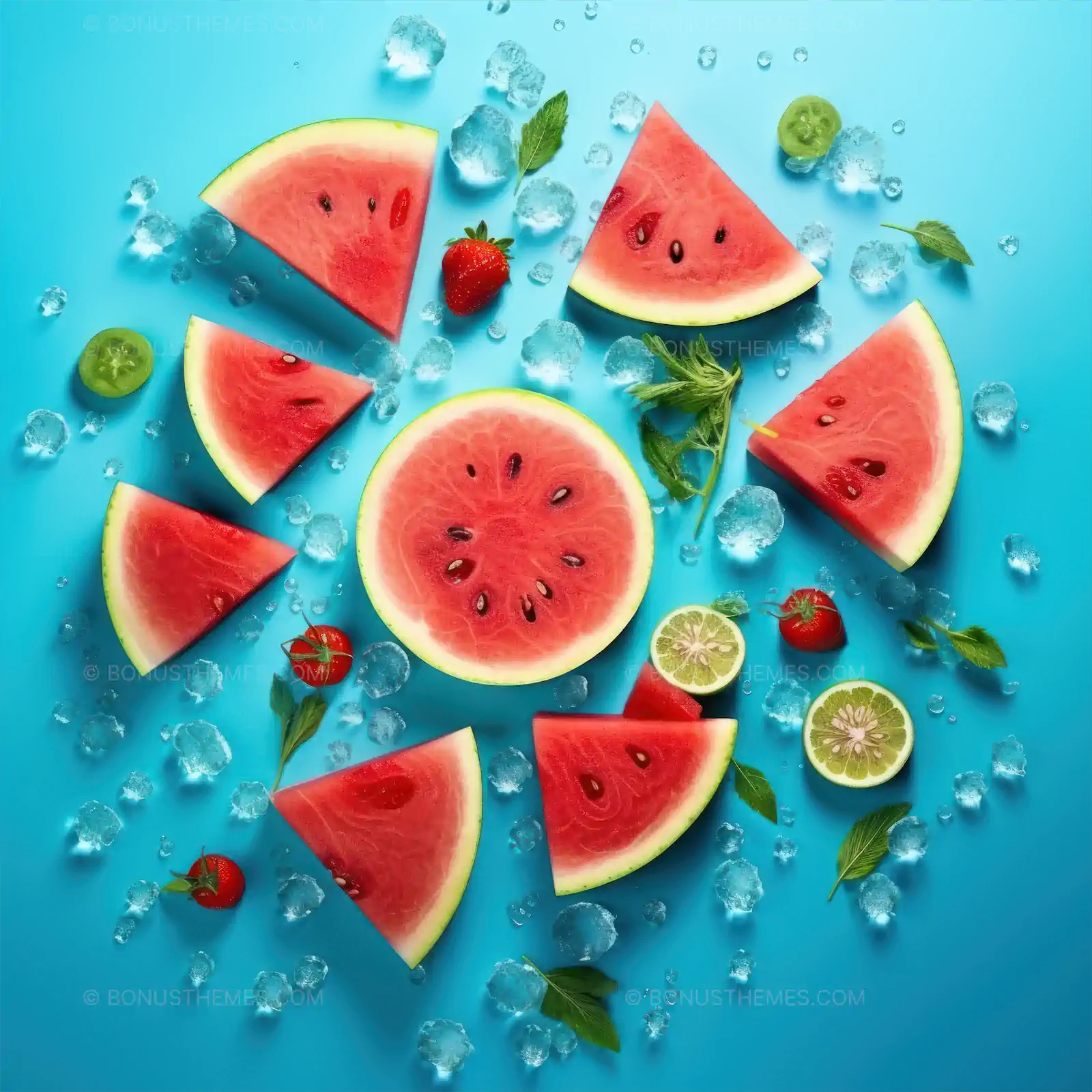 Watermelon Slices with Strawberries Top View | Vibrant AI Generated Summer Fruit Visual