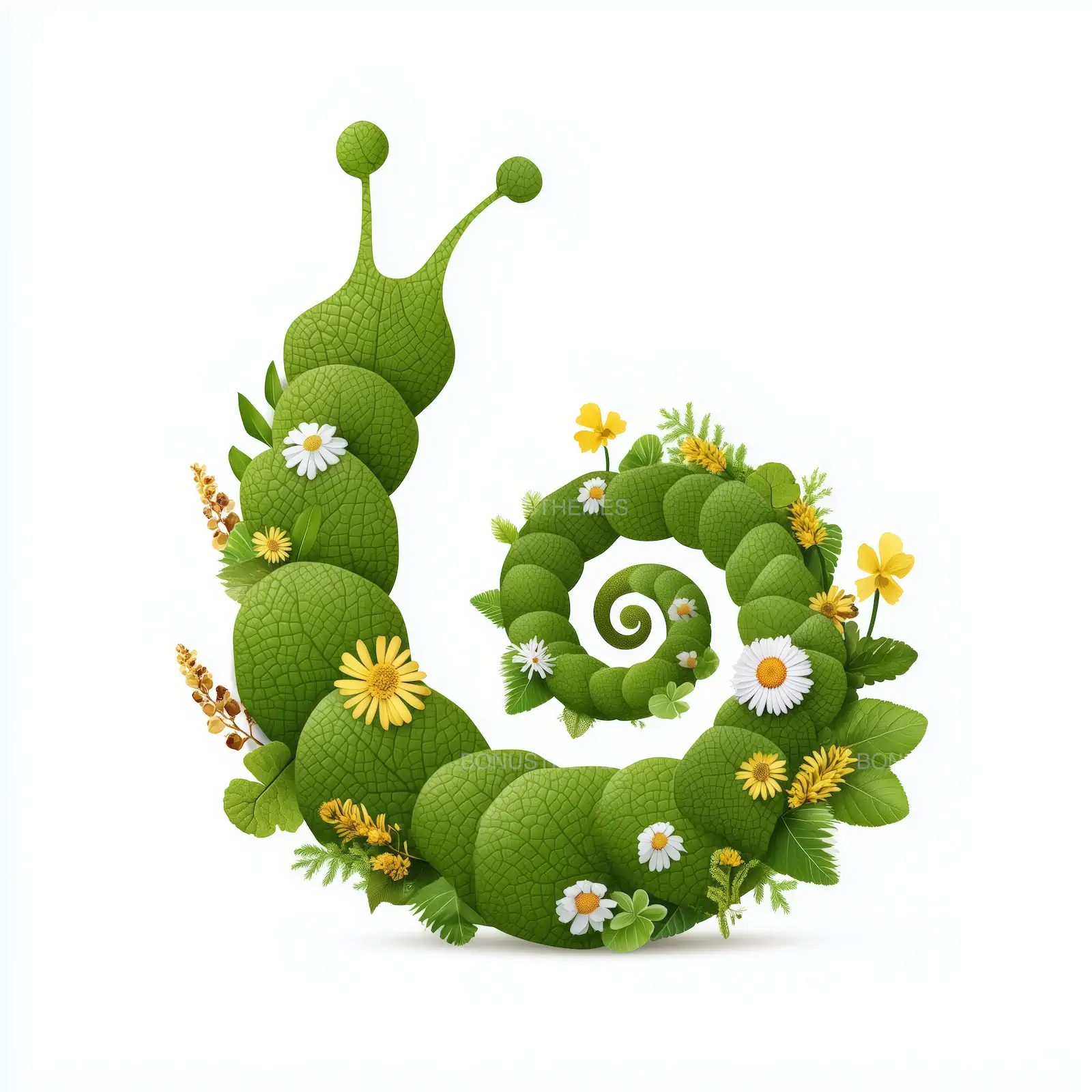 Whimsical Eco Snail Made of Green Leaves and Flowers | Premium Nature Illustration
