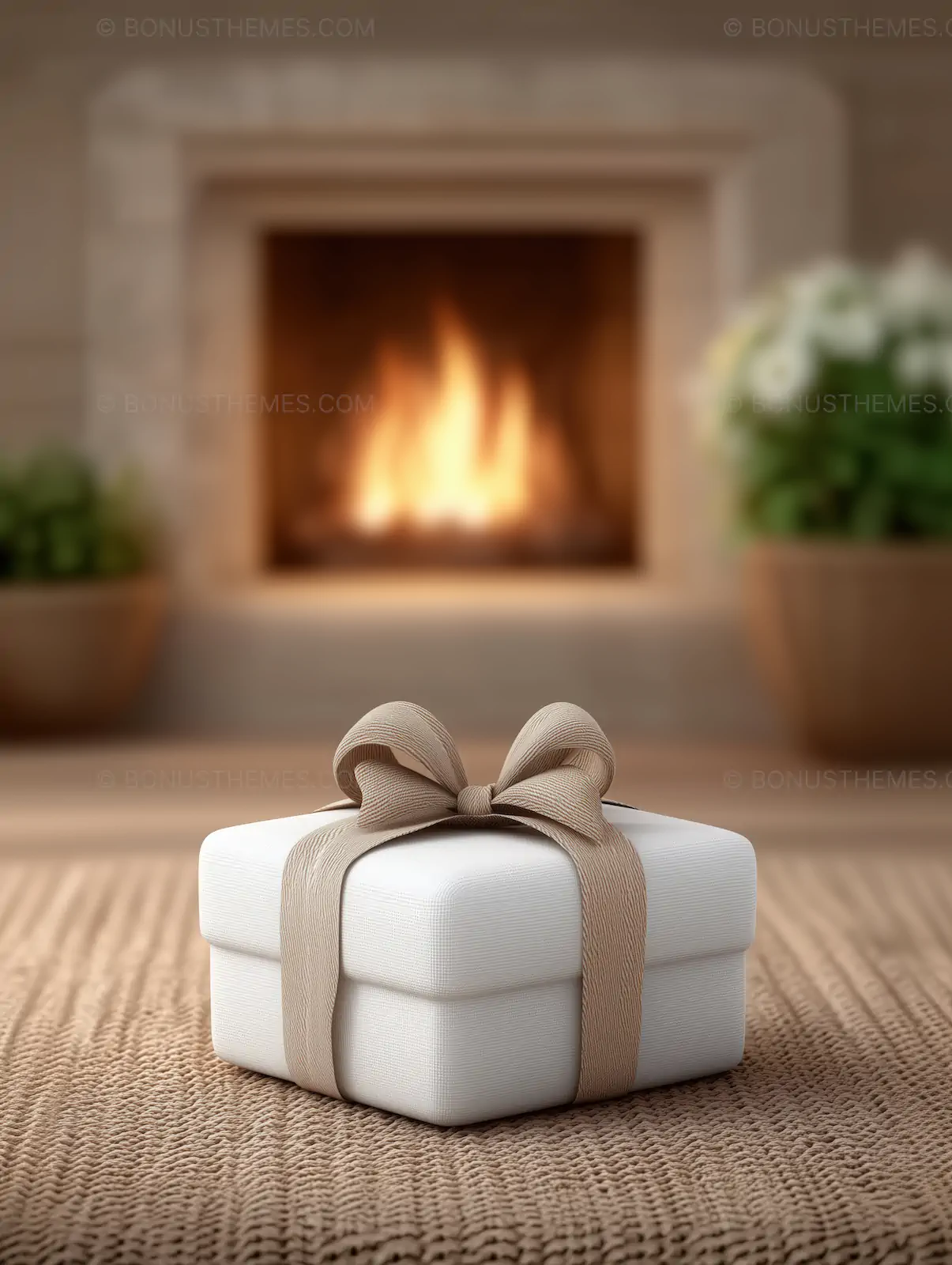 White Gift Box with Bow in Front of Fireplace | Cozy Holiday AI Image