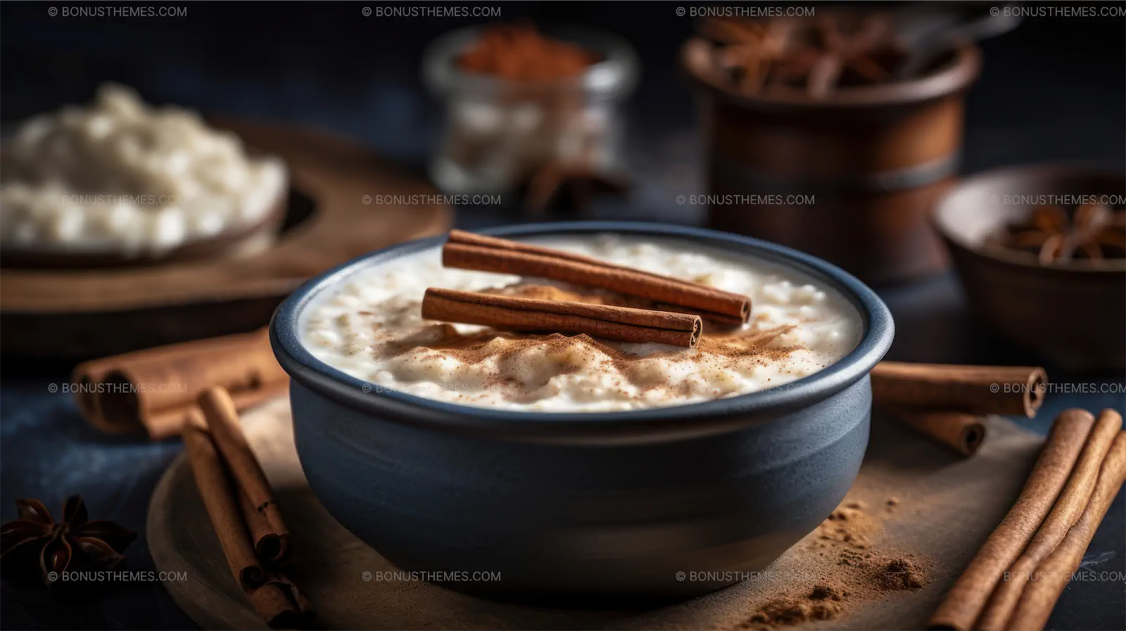 Bowl of White Rice Topped with Cinnamon Sticks - AI Generated Culinary & Spice Image