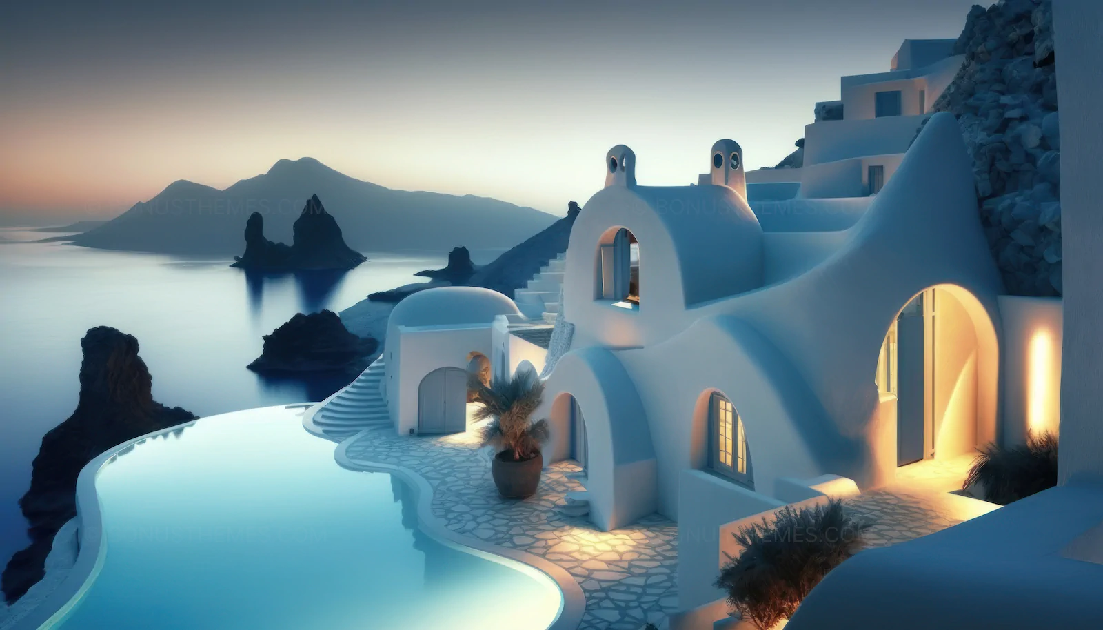 Luxury White Santorini House with Infinity Pool | Ocean View AI Generated Image