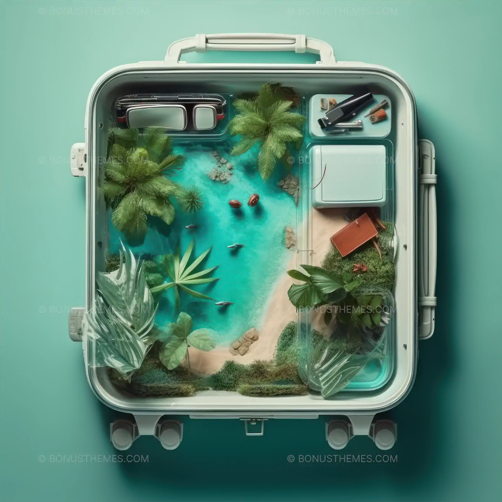 White Suitcase with Miniature Beach Scene Inside | Creative AI Generated Travel Illustration