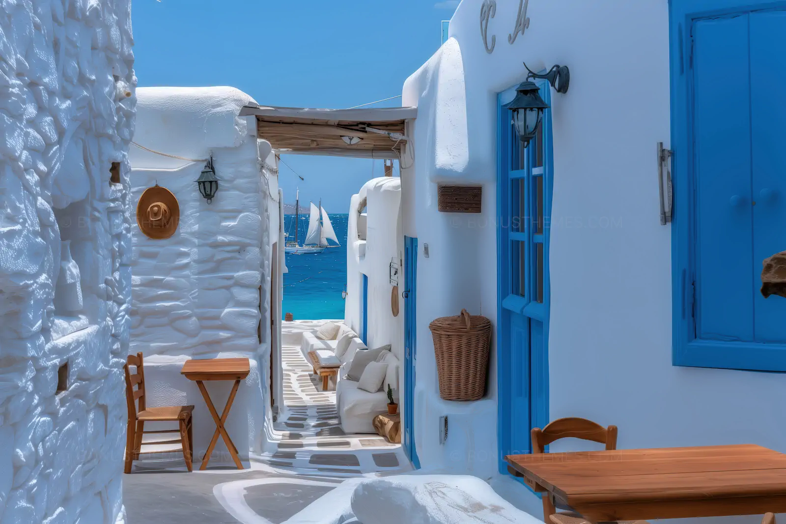 Whitewashed Greek Island Alley with Blue Doors and Sea View | AI Travel Image