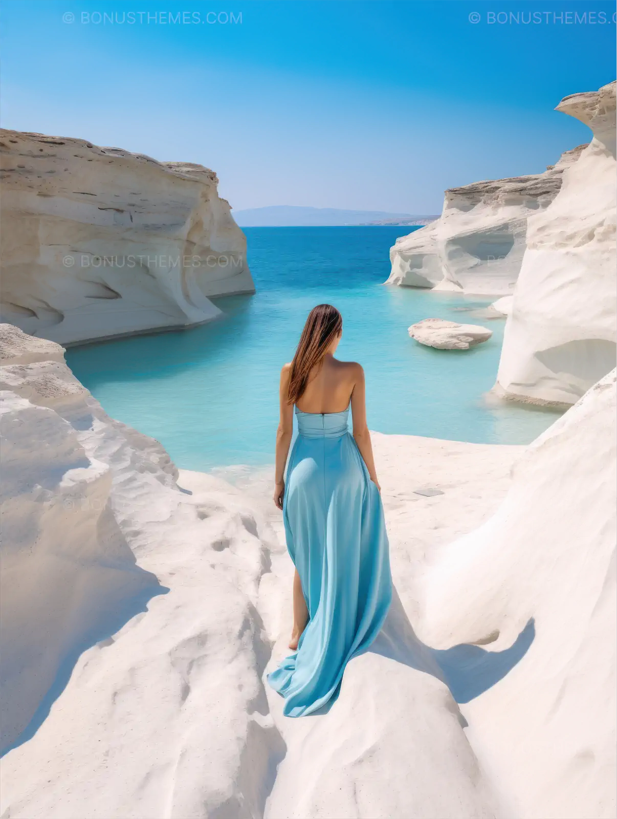 Woman in Blue Dress Walking on Beach by Cliff | Serene AI Generated Coastal Image
