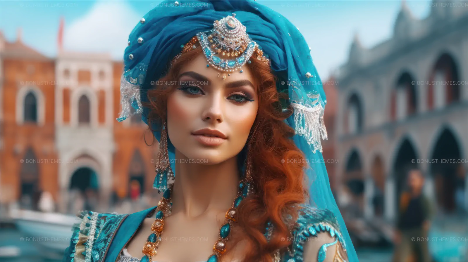 Woman in Blue Turban and Matching Dress by Venice Canal | Elegant AI Generated Travel Image