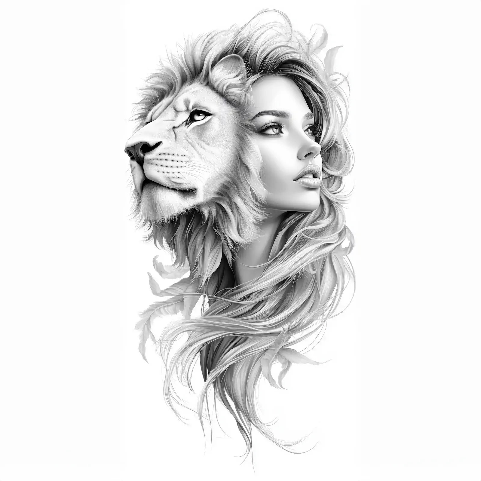 Woman and Lion Split Tattoo | Dual Personality AI Concept Art