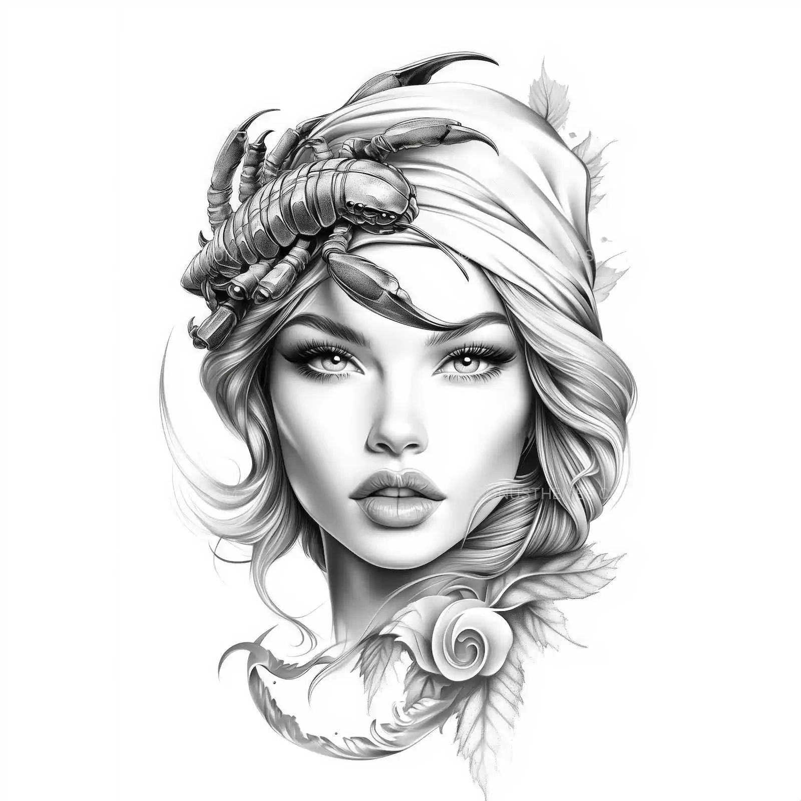 Woman with Scorpion Head Tattoo | Artistic Black & White AI Portrait