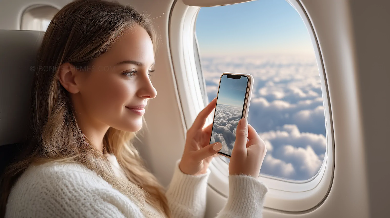 Woman Using Smartphone During Flight | Premium In-Flight Connectivity AI Generated Image