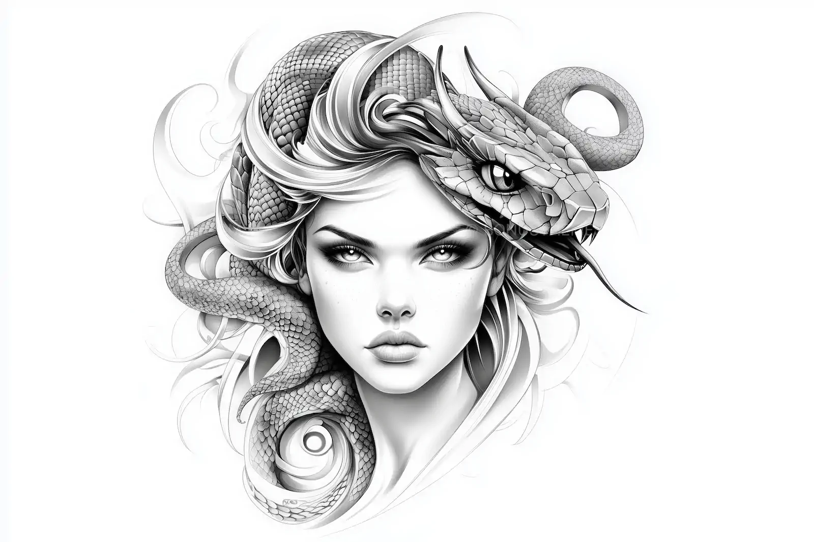 Woman with Snake Tattoo Headpiece - Dark Surreal Portrait | AI Image