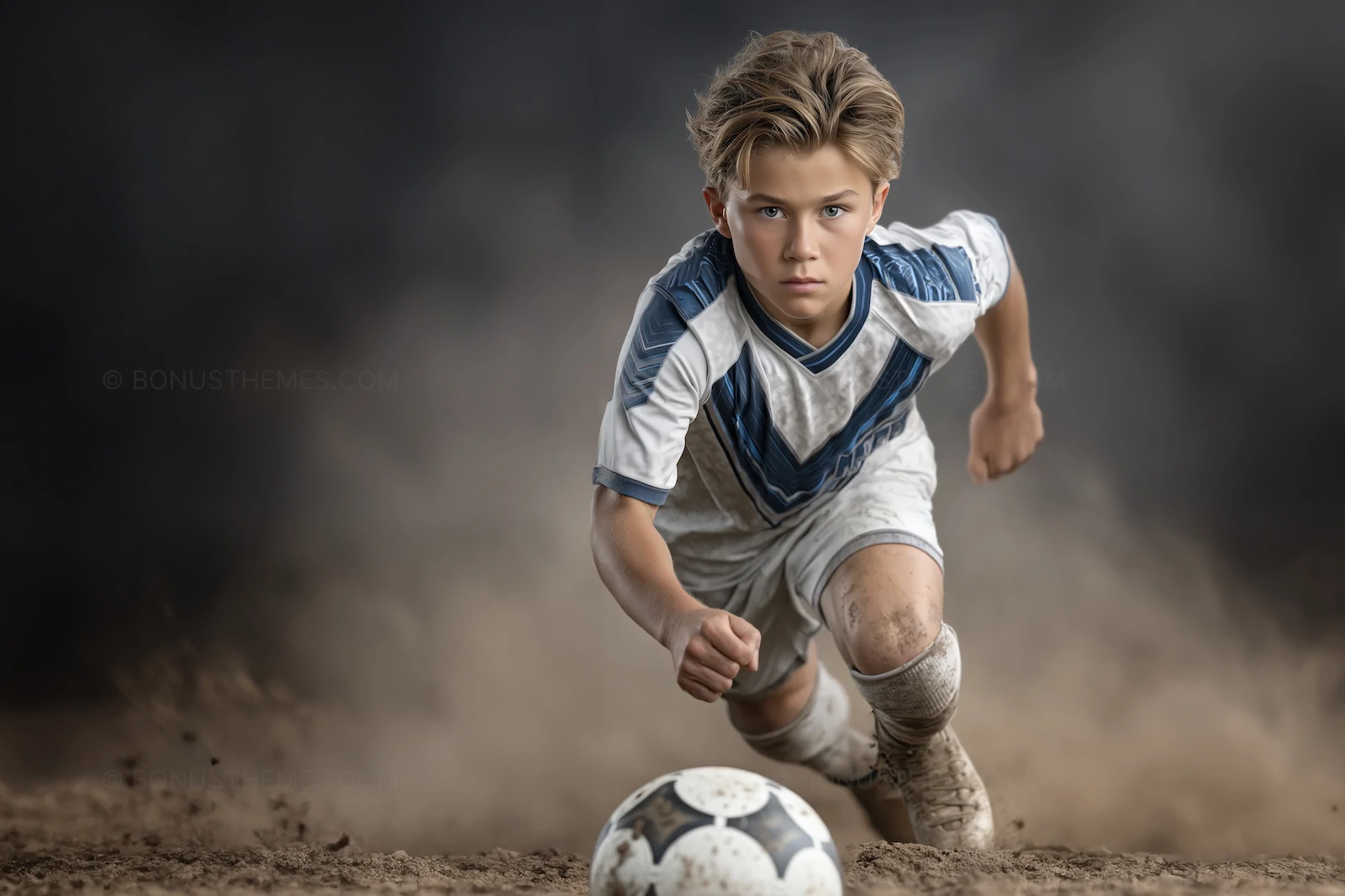 Young Soccer Player Action Shot in Dusty Field - Youth Football | AI Image