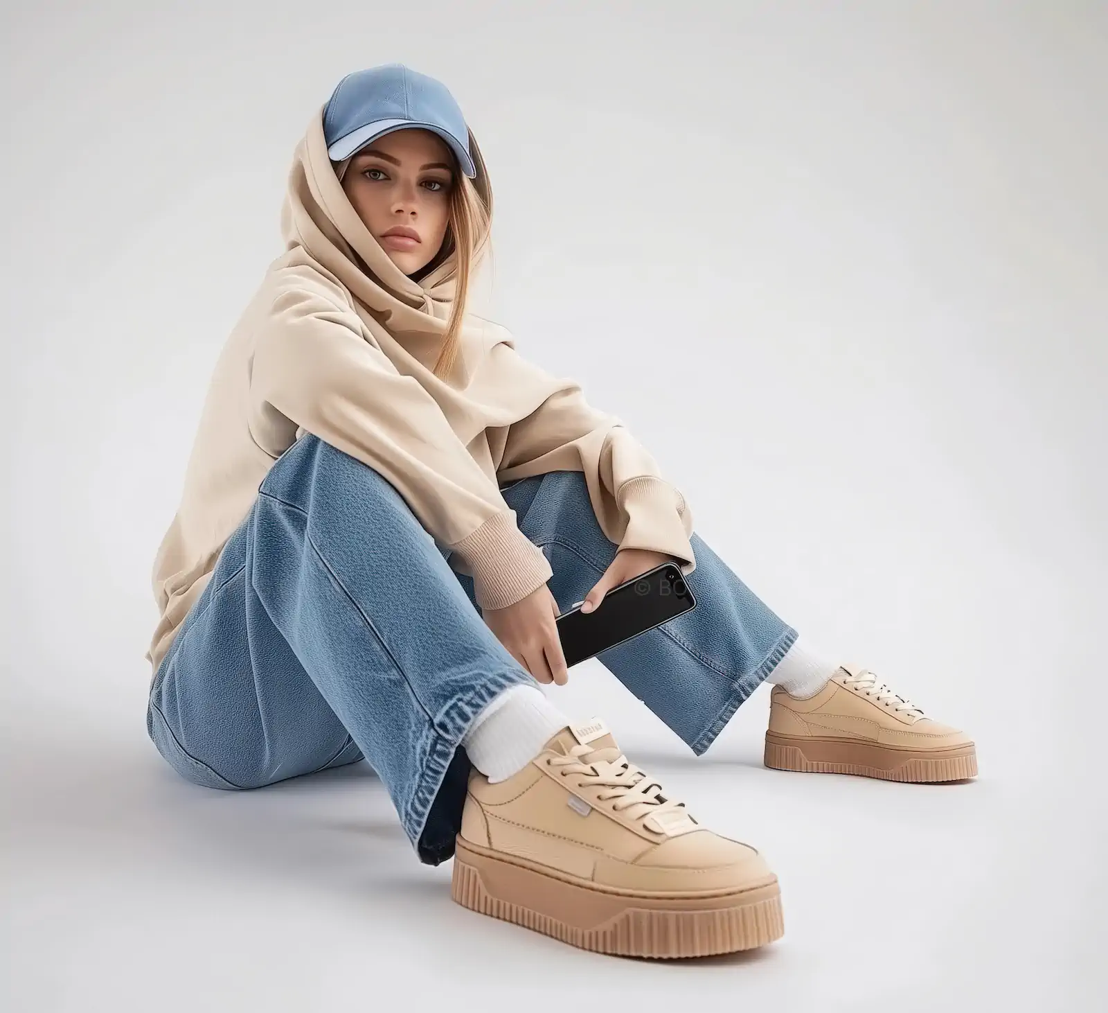 Young Woman in Casual Streetwear | Beige Sneakers & Oversized Hoodie AI Generated Image