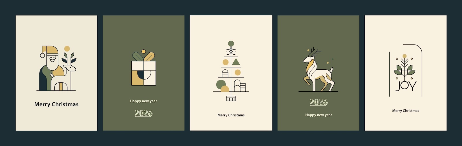 Christmas Card Vector Set (5 Designs) - Santa, Gift Box, Tree, Deer & Joy Wishes - AI Generated Vector Graphic