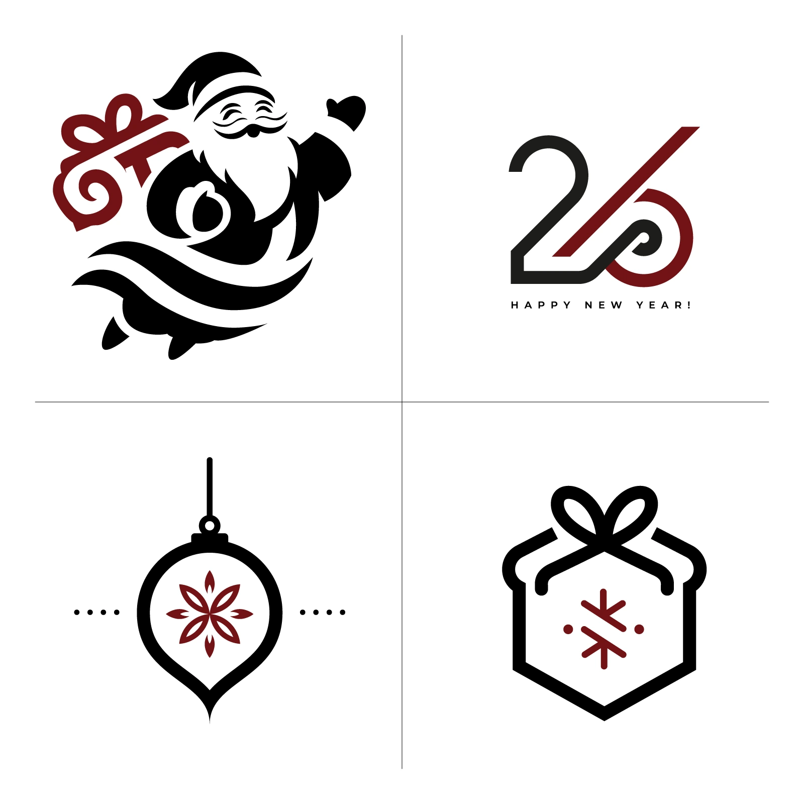 Minimalist Christmas & New Year 2026 Vector Icon Set | Santa, Ornament & Gift Icons