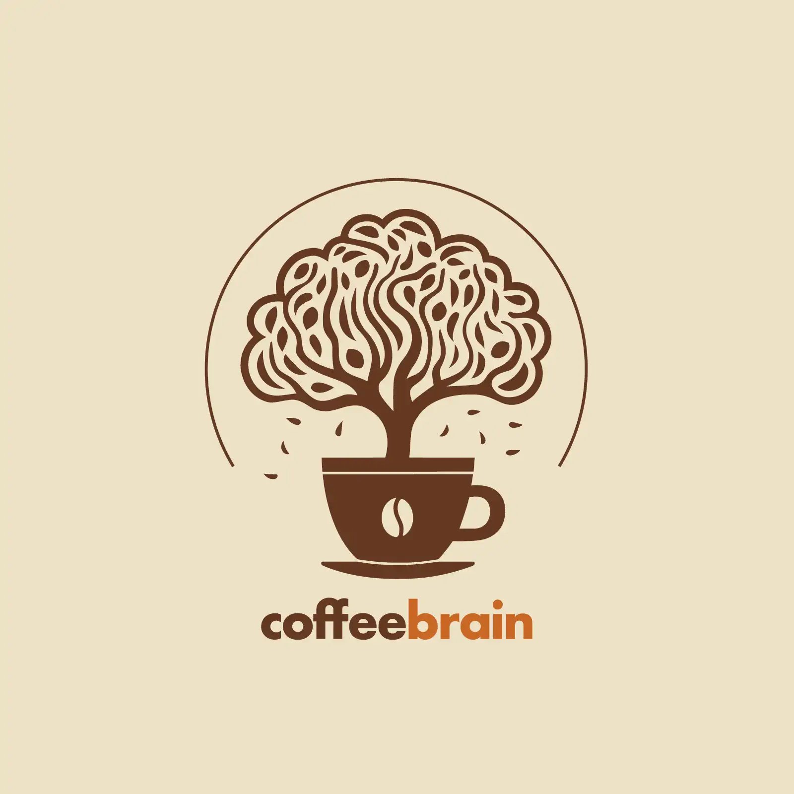 Coffee Brain Logo with Tree & Cup - Brown & White AI Generated Vector Graphic