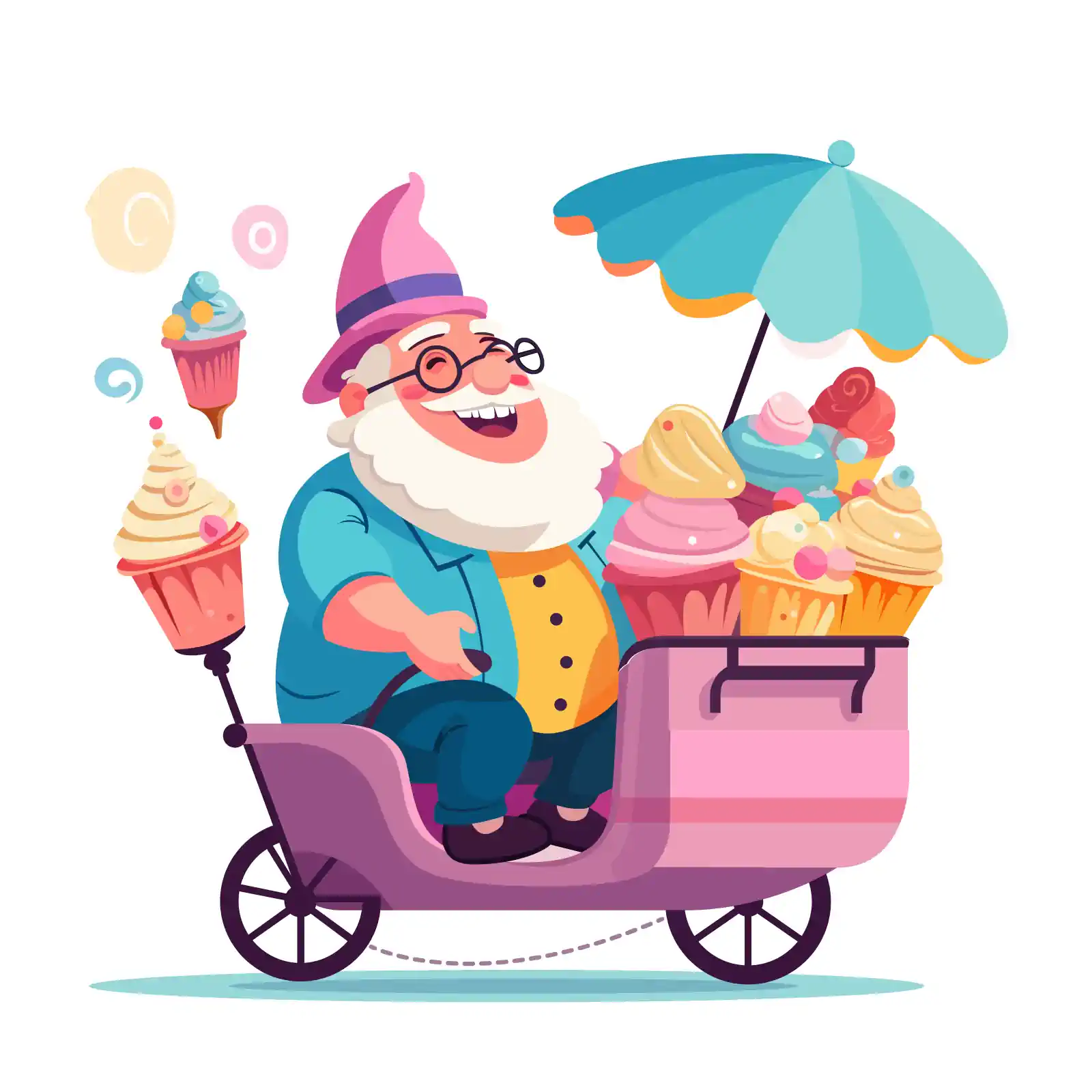 Smiling Ice Cream Maker Driving a Pink Cart Full of Cones - AI Generated Vector Graphic