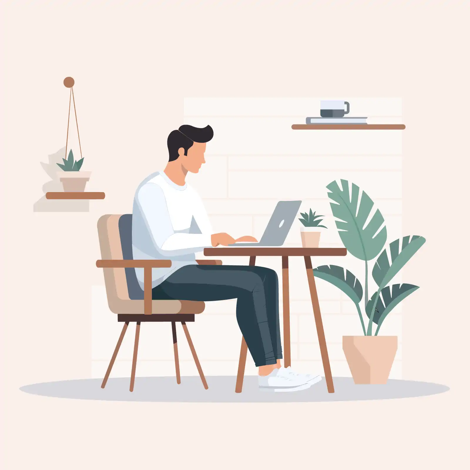 Man at Desk with Laptop and Plant - Modern AI Generated Vector Graphic