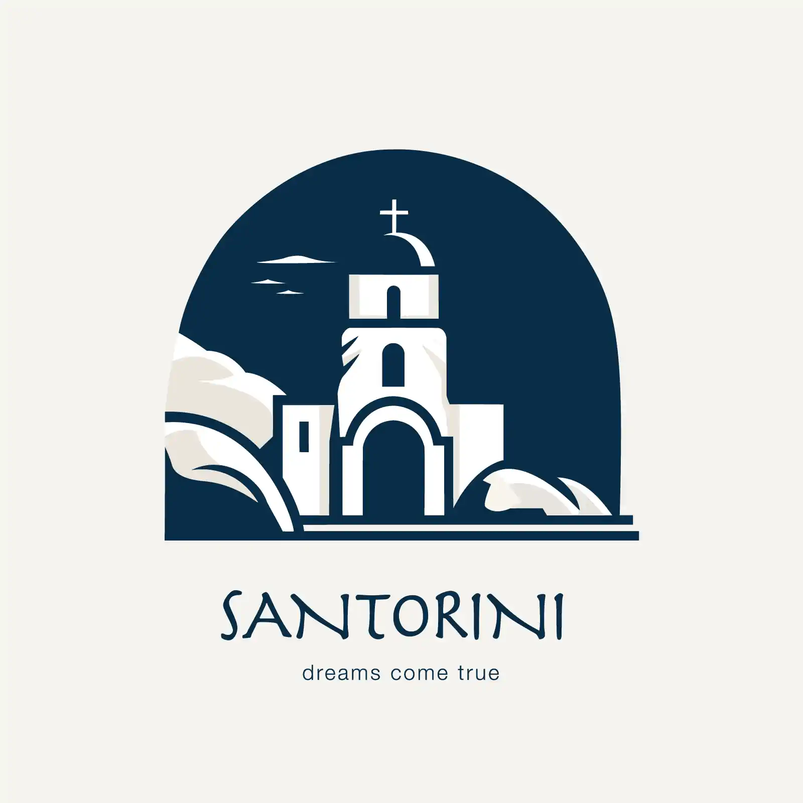 Blue & White Santorini Logo Featuring Church & Mountain - AI Generated Vector Graphic