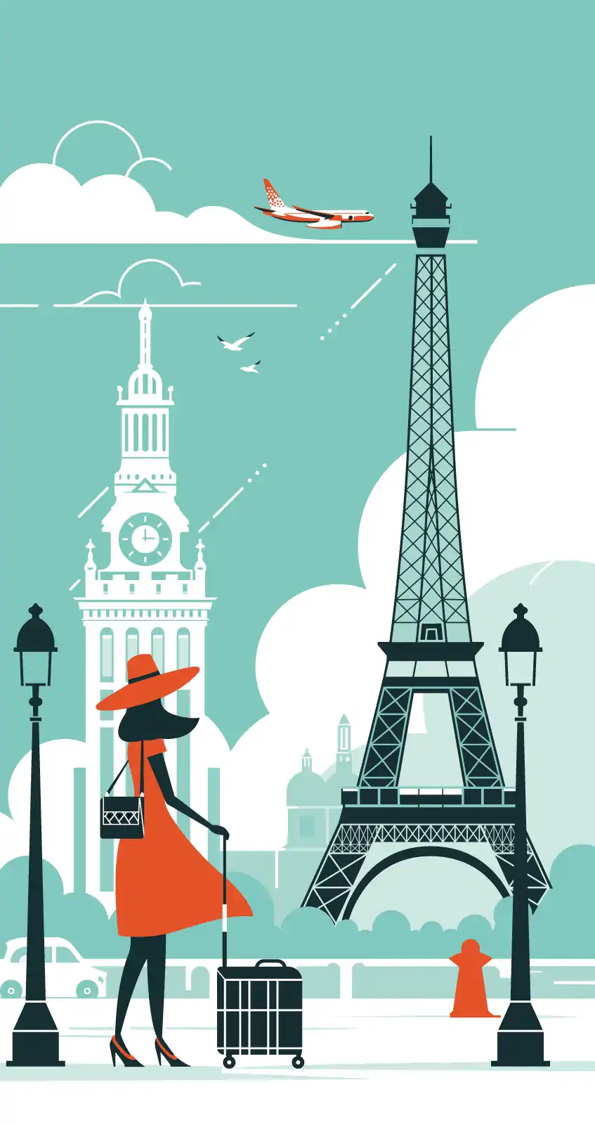 Parisian wanderlust, woman in red hat and dress admiring Eiffel Tower